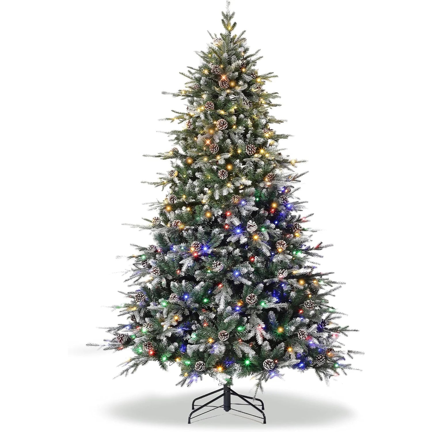 6Ft/7.5Ft/9Ft Pre-Lit Snow Flocked Christmas Tree 8-Modes LED Lights Prelit Artificial Tree With Fake Pine Cones For Home Decor