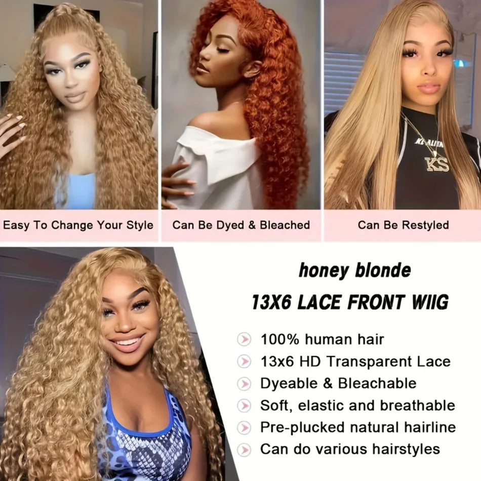Deep Wave Honey Blonde Wig Human Hair 13X6 Lace Front Wig Curly Colored 27 Hd Lace Frontal Wig PrePlucked 250 Density 30 38 Inch