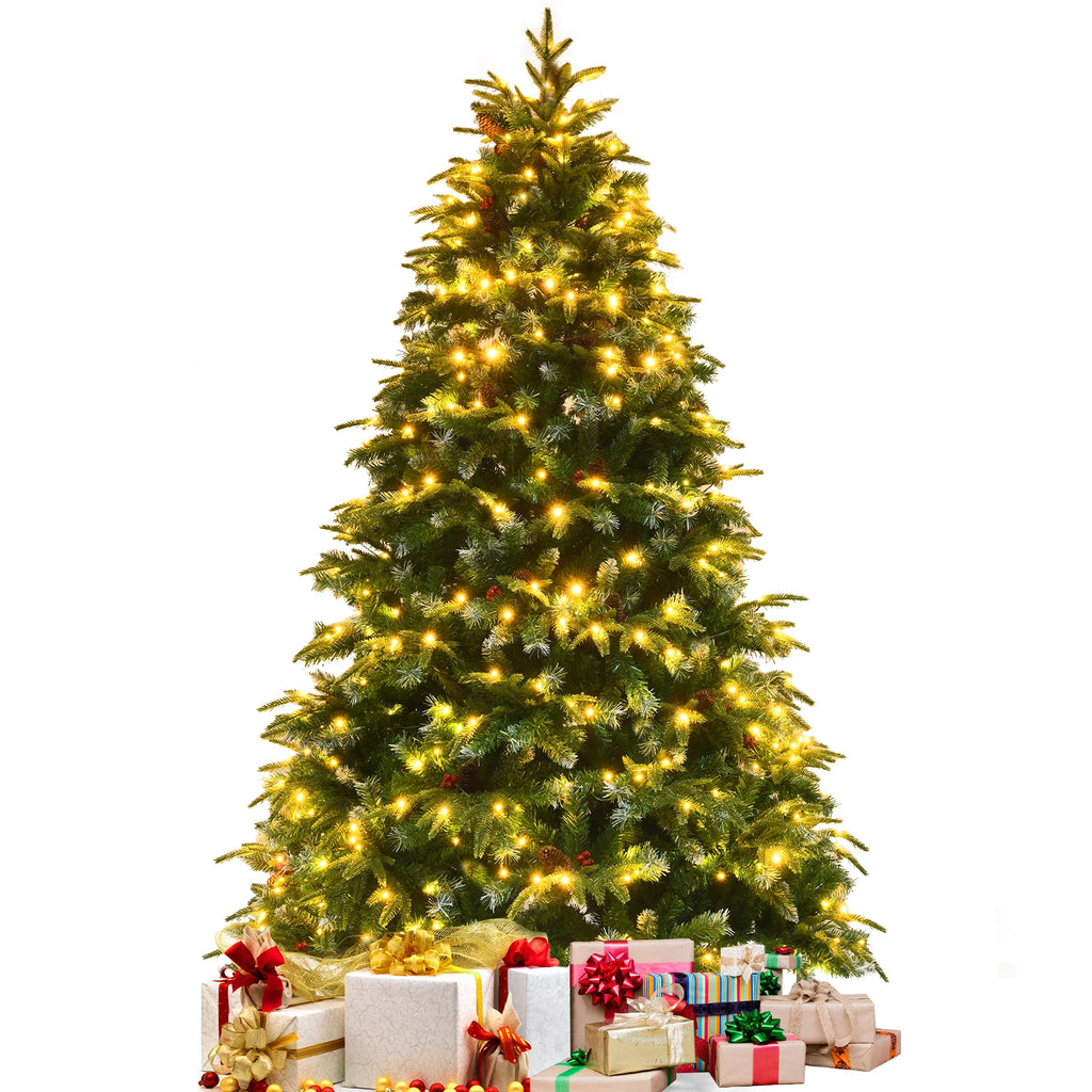 5/ 6/ 7/ 9FT Pre-Lit Artificial Christmas Tree, Realistic Snowy Xmas Tree Lush Hinged Pine Tree Modes for Celebration