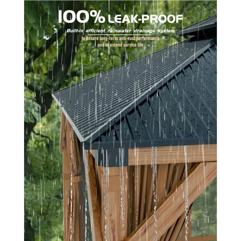 All-Weather 12ft x 20ft Wooden Gazebo with Double Metal Roof, Heavy-Duty Frame, Mosquito Net, and Curtains