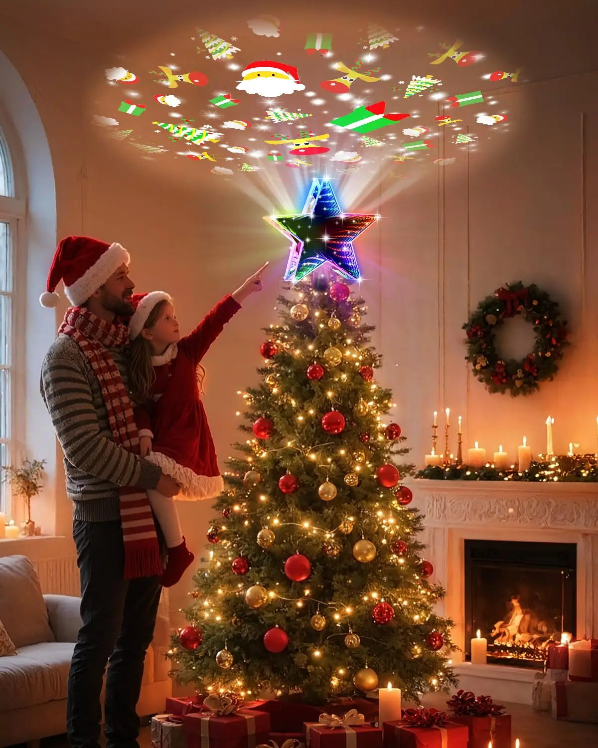 RGB Christmas Tree Topper Star with Projector, 4-in-1 Dynamic Lighting , Tool-Free Installation Xmas Decor for Home Party New Ye