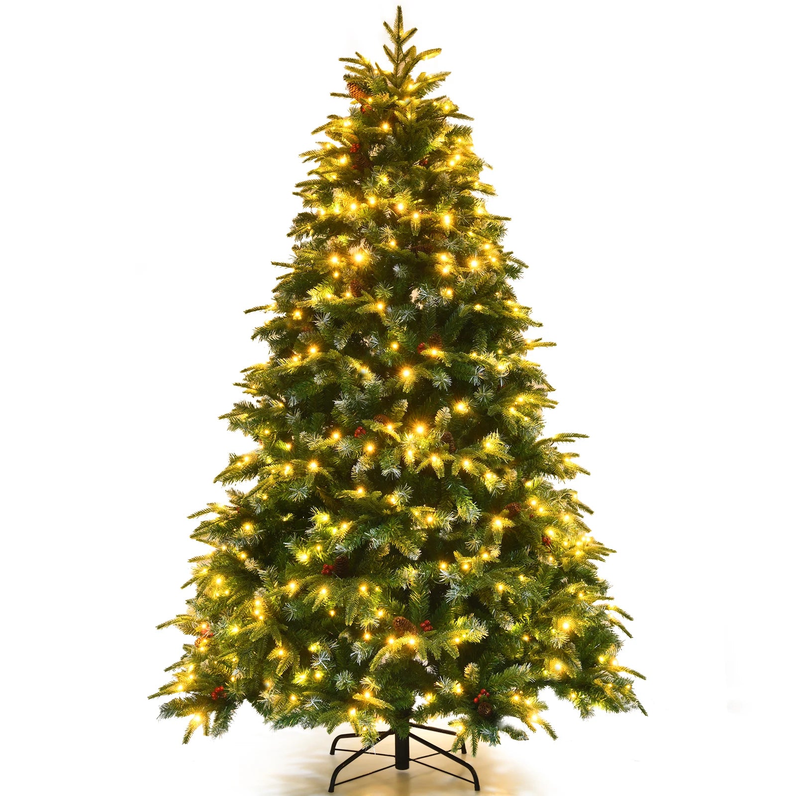 5/ 6/ 7/ 9FT Pre-Lit Artificial Christmas Tree, Realistic Snowy Xmas Tree Lush Hinged Pine Tree Modes for Celebration