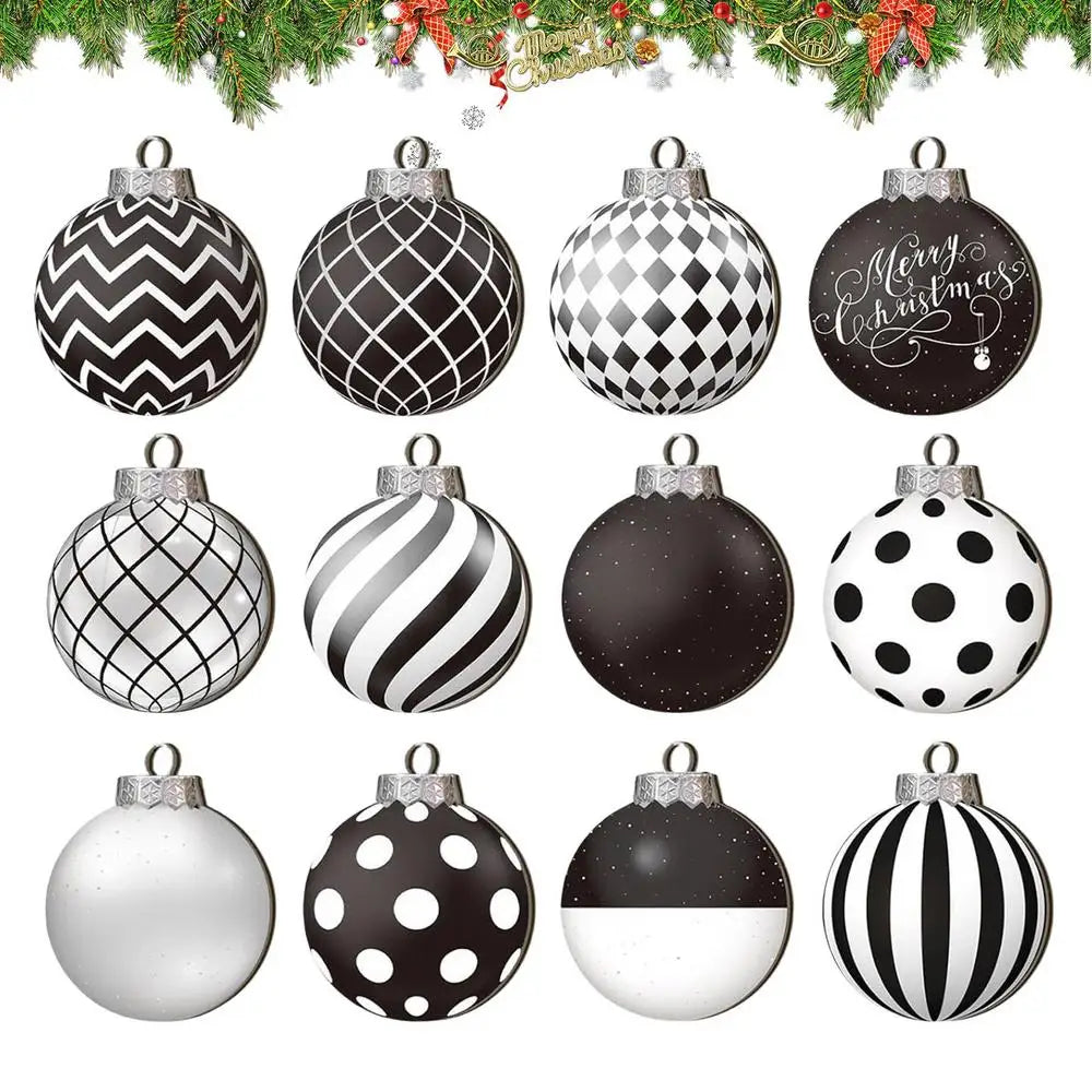 12pcs 2D Flat Black White Christmas Ball Pendant Christmas Tree Decoration  Wooden Dwarf Christmas Ball Home Decor New Year Gift