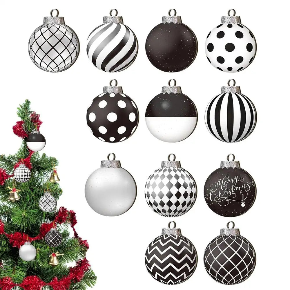 12pcs 2D Flat Black White Christmas Ball Pendant Christmas Tree Decoration  Wooden Dwarf Christmas Ball Home Decor New Year Gift