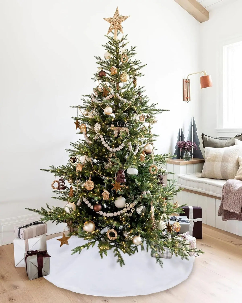 10 Pieces 24 Inch Christmas Tree Skirt, White Tree Skirt with Faux Fur Edge, Luxury Thick Rustic Christmas Tree Decorations Xmas