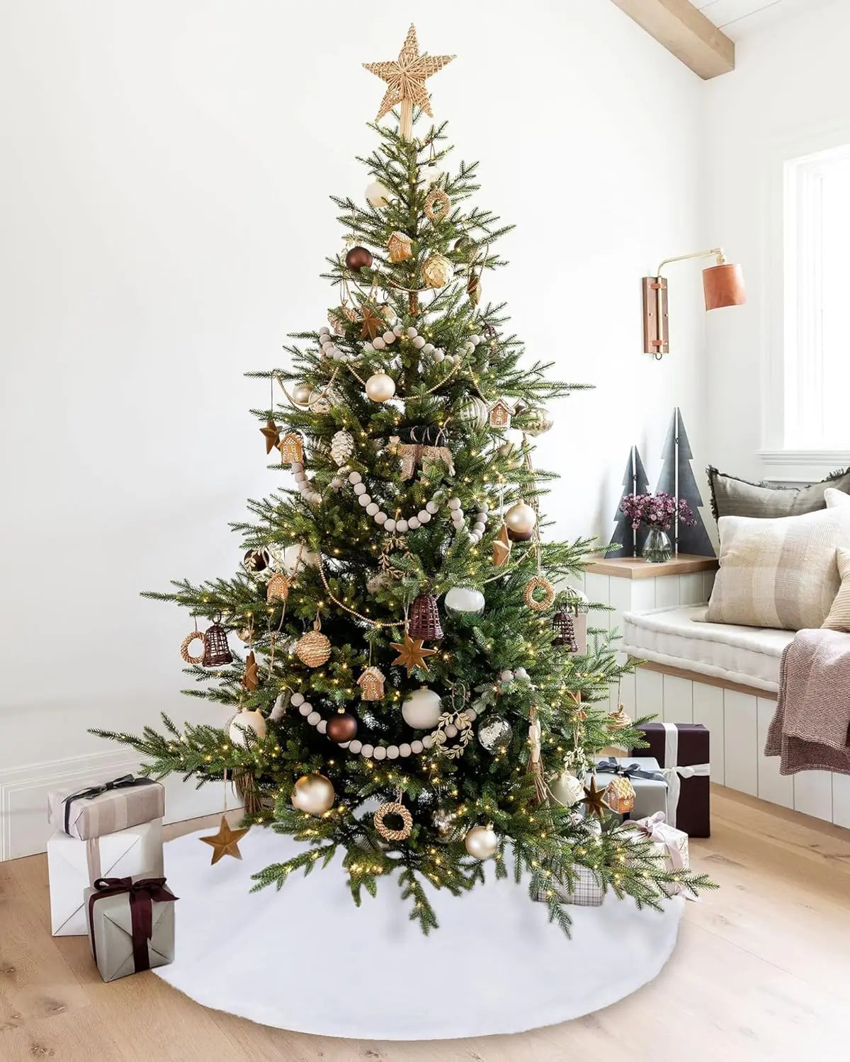 10 Pieces 24 Inch Christmas Tree Skirt, White Tree Skirt with Faux Fur Edge, Luxury Thick Rustic Christmas Tree Decorations Xmas