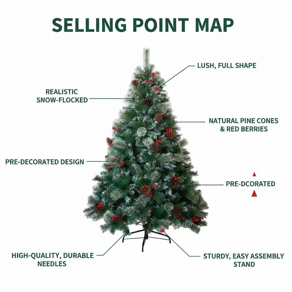 6/7FT Realistic Green Artificial Christmas Tree,Unlit,Decorated with Natural Pinecones & Holly Berries, Quick Setup,Metal Stand