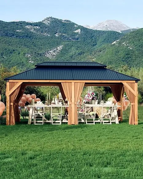 All-Weather 12ft x 20ft Wooden Gazebo with Double Metal Roof, Heavy-Duty Frame, Mosquito Net, and Curtains