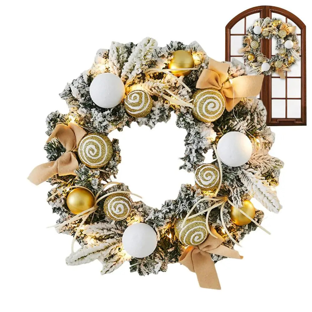 Light Up Christmas Wreath 11.81in Snowy Flocked Christmas Wreath Decorations With LED Lights And Balls Holiday Garland Ornament
