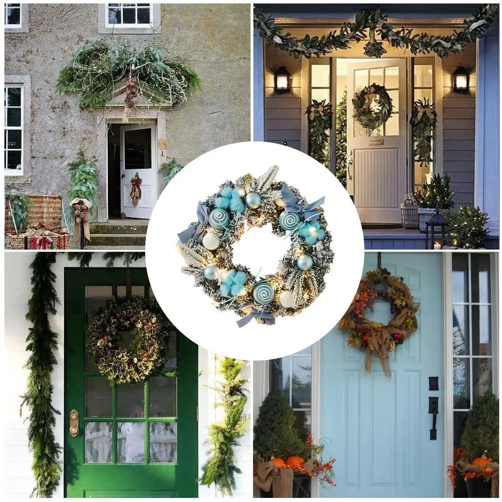 Light Up Christmas Wreath 11.81in Snowy Flocked Christmas Wreath Decorations With LED Lights And Balls Holiday Garland Ornament