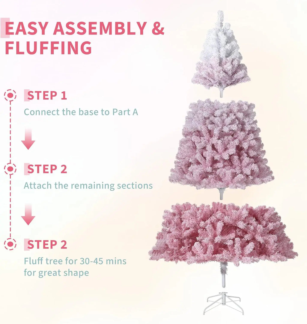 9FT Artificial Christmas Tree, Pre Lit Flocked Christmas Tree with Lights for Home, Office, Party Decoration, Pink Gradient