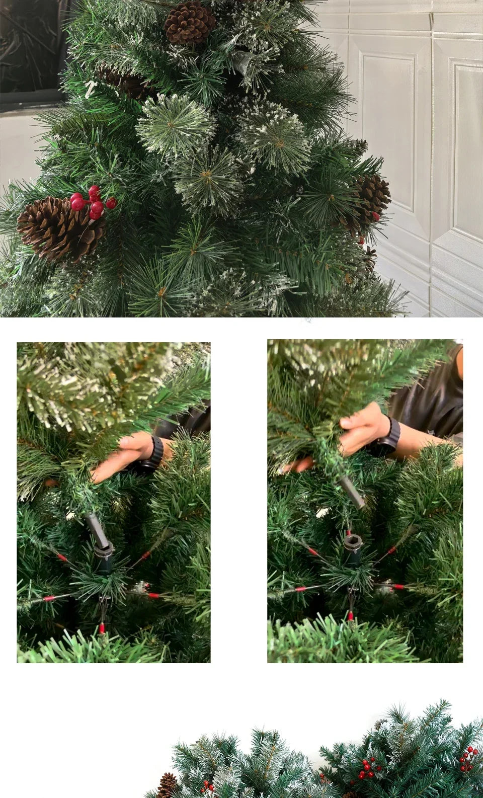 6/7FT Realistic Green Artificial Christmas Tree,Unlit,Decorated with Natural Pinecones & Holly Berries, Quick Setup,Metal Stand