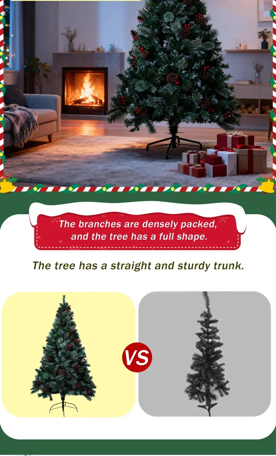 6/7FT Realistic Green Artificial Christmas Tree,Unlit,Decorated with Natural Pinecones & Holly Berries, Quick Setup,Metal Stand