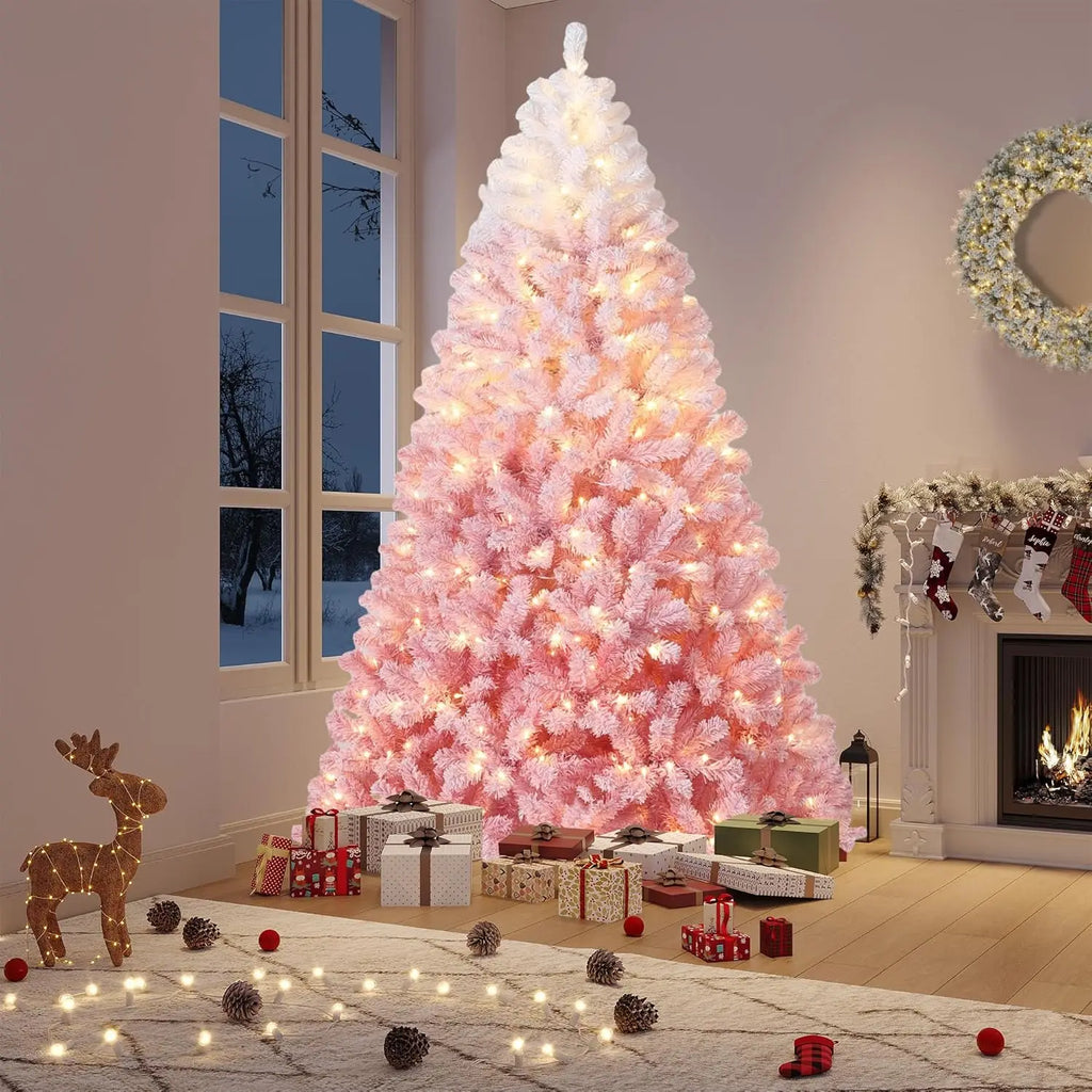 9FT Artificial Christmas Tree, Pre Lit Flocked Christmas Tree with Lights for Home, Office, Party Decoration, Pink Gradient