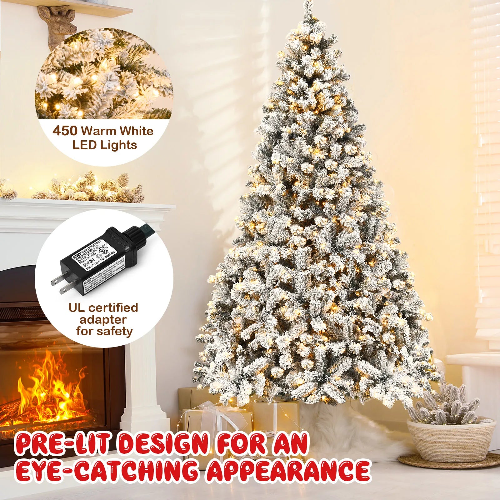 Artificial Christmas Tree with Metal Stand 6/ 7. 5/ 9FT, with Natural Snow Effect for Festivals, Indoor and Outdoor, White