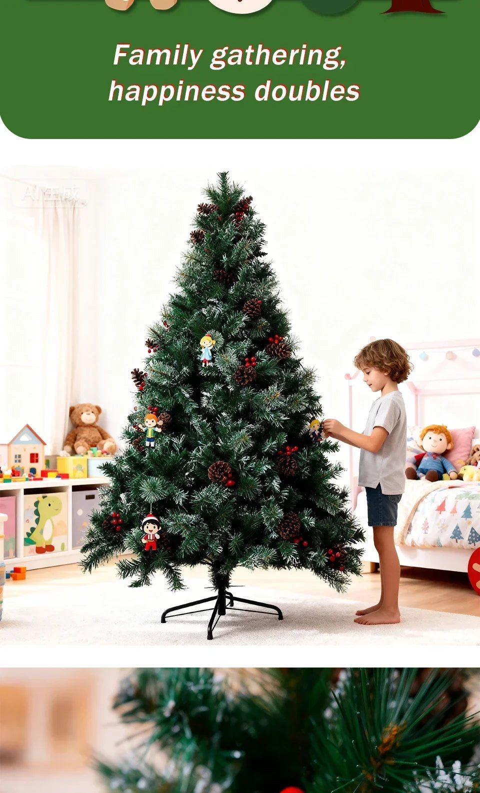 6/7FT Realistic Green Artificial Christmas Tree,Unlit,Decorated with Natural Pinecones & Holly Berries, Quick Setup,Metal Stand