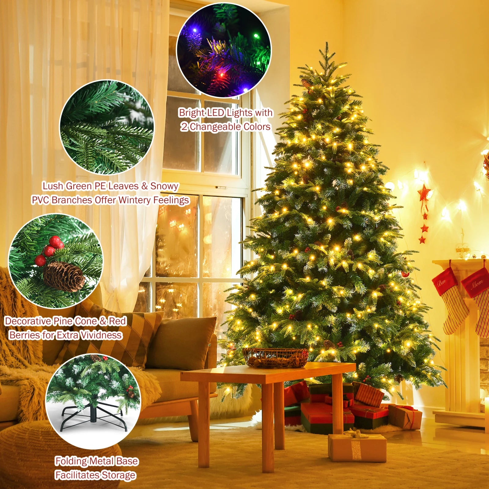5/ 6/ 7/ 9FT Pre-Lit Artificial Christmas Tree, Realistic Snowy Xmas Tree Lush Hinged Pine Tree Modes for Celebration
