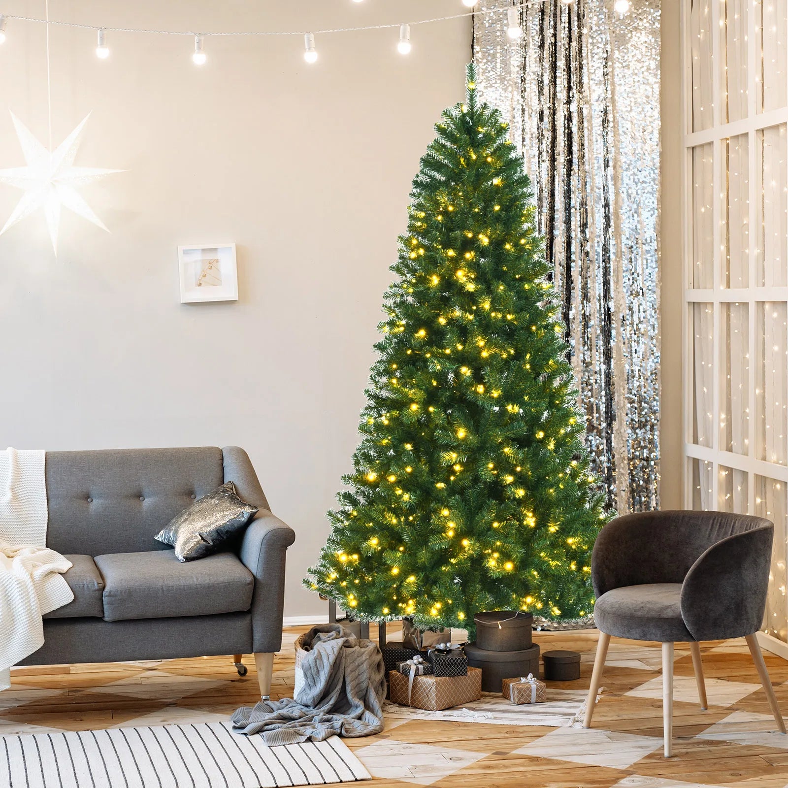 6/ 7/ 8ft Lightened Christmas Tree, Indoor Festival Decoration Faux Tree for Living Room, Dining Room