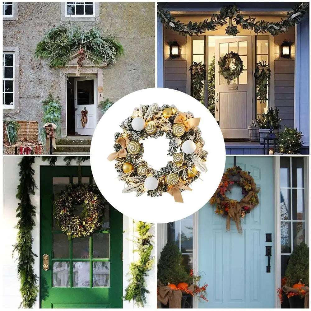 Light Up Christmas Wreath 11.81in Snowy Flocked Christmas Wreath Decorations With LED Lights And Balls Holiday Garland Ornament