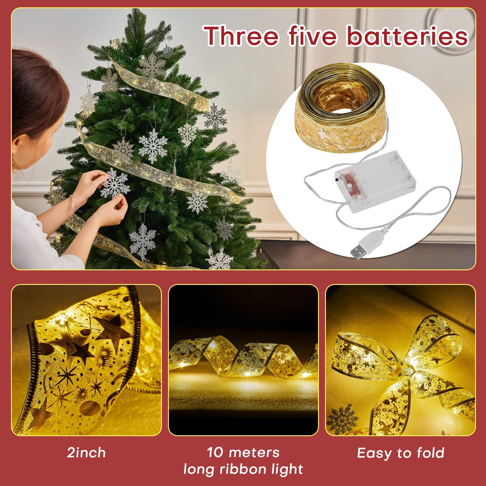Christmas Tree Decorations String Lights 40ft 100 LED Lights Copper Wire Ribbon Lights for Party Wedding Holiday Battery Powered