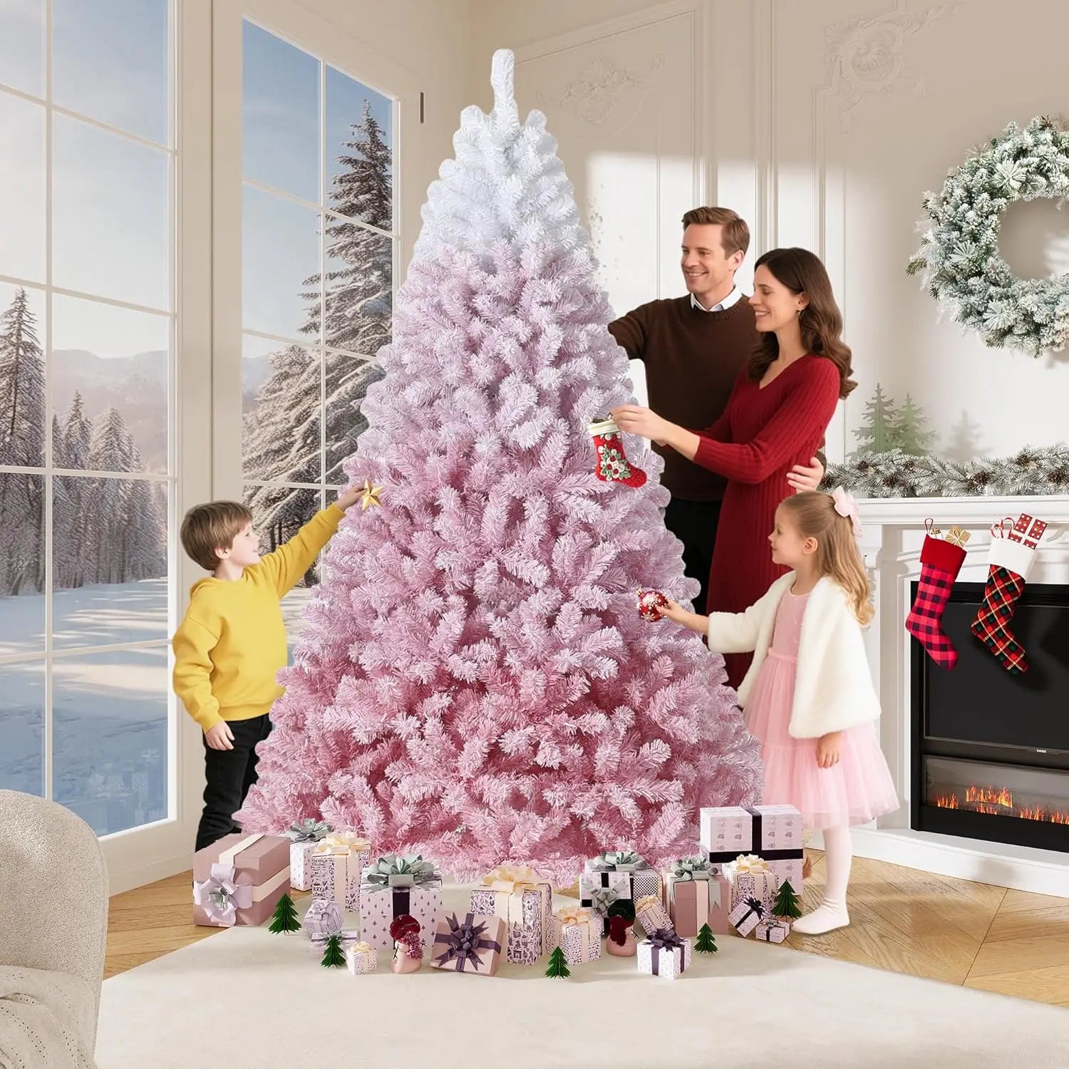9FT Artificial Christmas Tree, Pre Lit Flocked Christmas Tree with Lights for Home, Office, Party Decoration, Pink Gradient