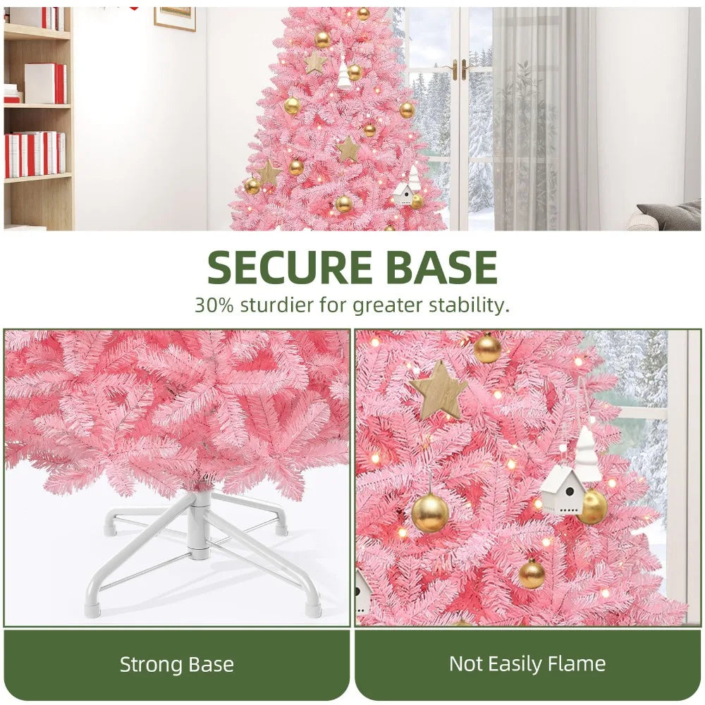 7.5ft Prelit Pink Artificial Christmas Tree Pink Hinged Tree with 1350 PVC Tips